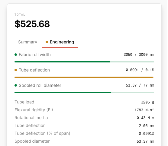 Engineering tab beside the order summary, showing fabric roll width, tube deflection and spooled roll diameter against their limits, with calculated tube load, flexural rigidity and rotational inertia below
